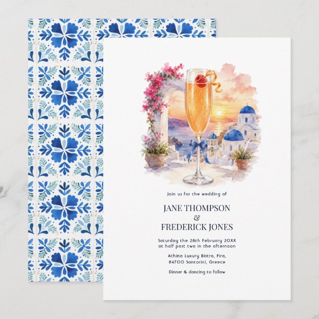 Invitation Mariage à Santorin Champagne Cocktail Grèce (Devant / Derrière)