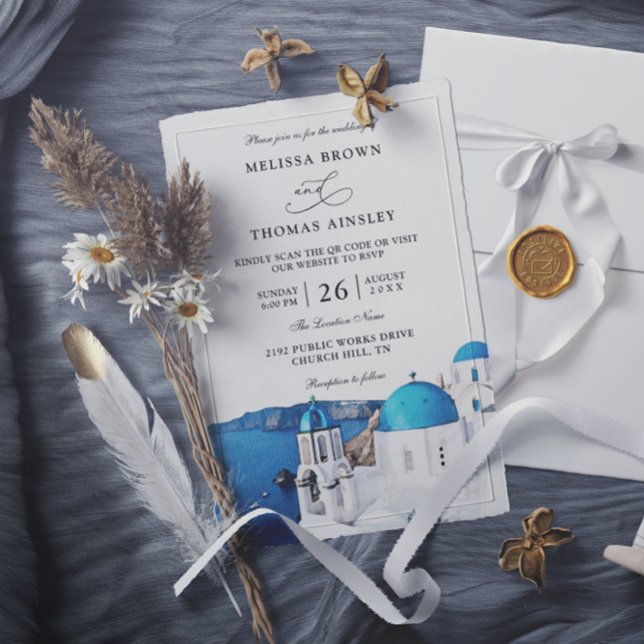 Invitation Mariage à Santorin Grèce Budget Code QR Aquarelle (Créateur téléchargé)