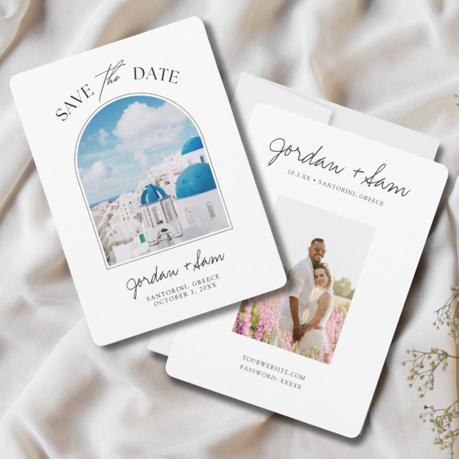 Invitation Mariage à Santorin Grèce Enregistrer la Date (Santorini Greece Wedding Save the date with photo of Santorini rooftops on one side)