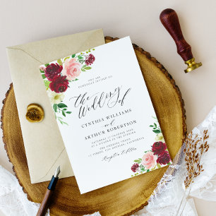 Invitation mariage à script floral bordeaux et roux