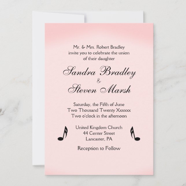 Invitation Mariage à thème de musique rose (Devant)