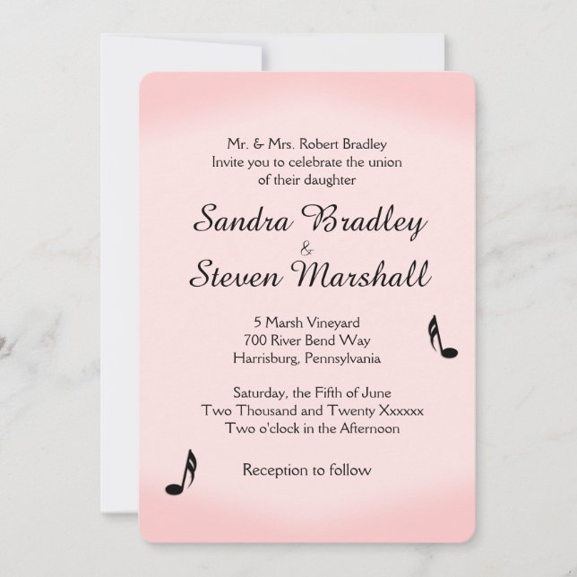 Invitation Mariage à thème de musique rose (Devant)