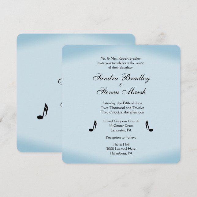 Invitation Mariage à thème Musique bleue (Devant / Derrière)
