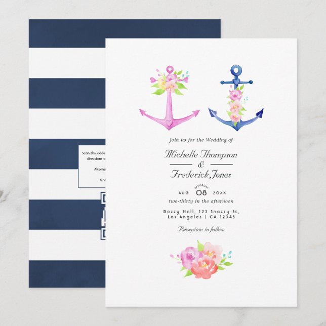 Invitation Mariage à thème nautique floral code QR aquarelle  (Devant / Derrière)