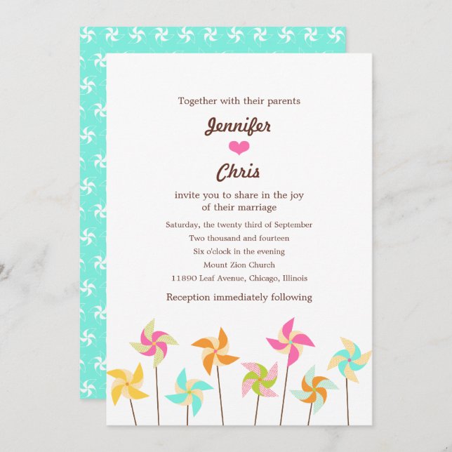 Invitation Mariage à thème Pinwheel coloré (Devant / Derrière)