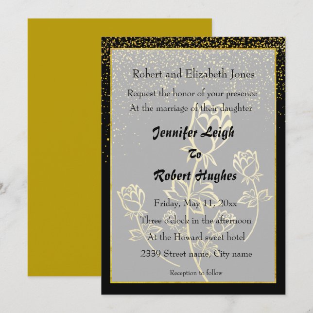 Invitation Mariage à thème Rose de feuille d'or (Devant / Derrière)
