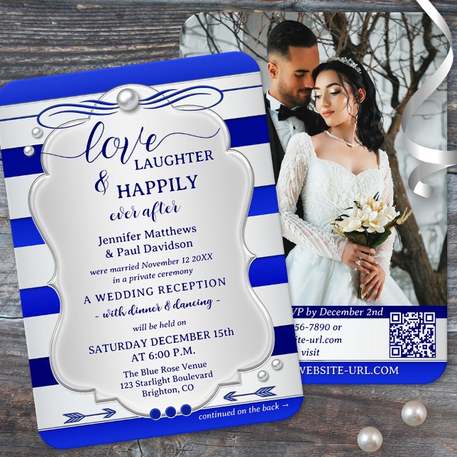 Invitation Mariage à tout jamais rayé bleu argenté (Happily ever after wedding party invitation featuring a silver and navy blue stripe with photo + QR)