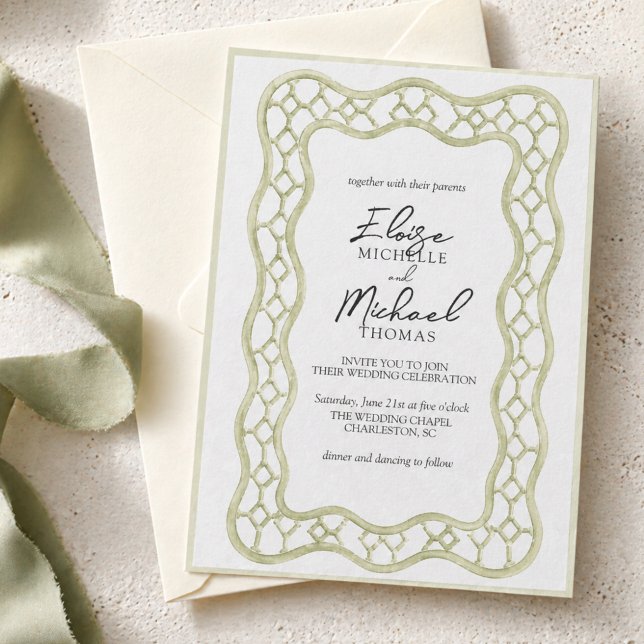 Invitation Mariage à Treillis Vert Sauge Français (Sage Green French Trellis Wedding Invitation)