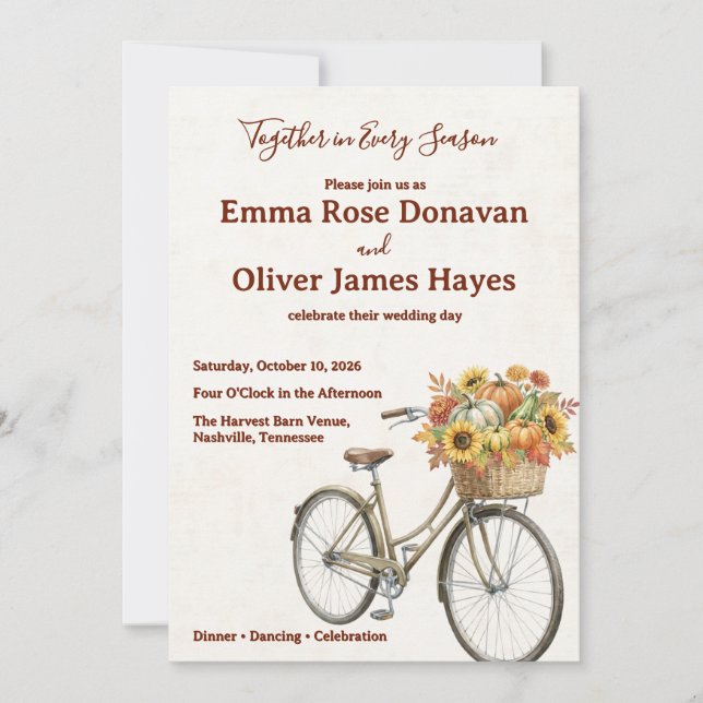 Invitation Mariage à vélo rustique de la récolte d'automne (Devant)