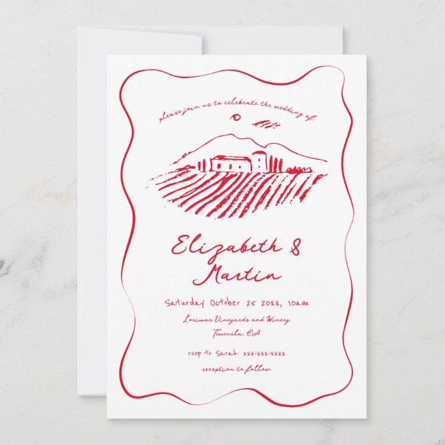 Invitation Mariage à vignoble gribouillé rouge fantaisiste av (Devant)