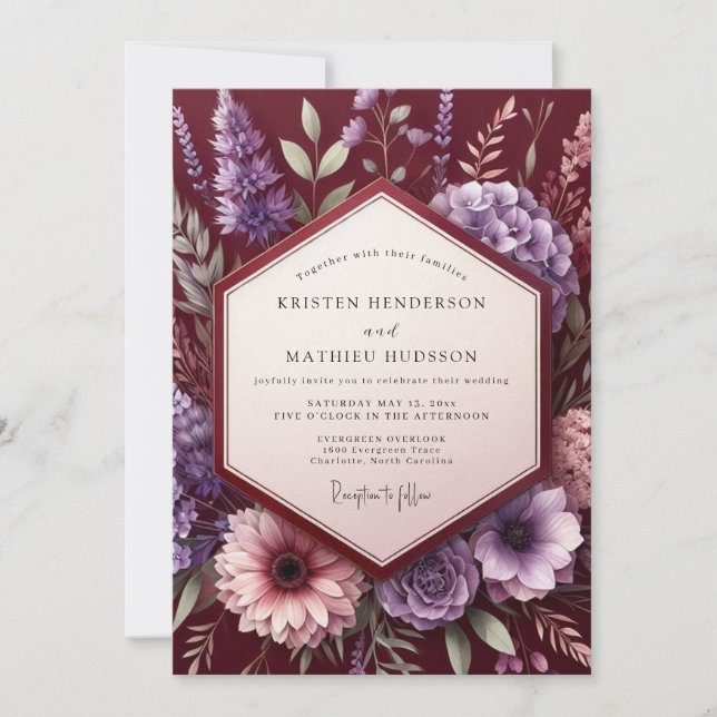 Invitation Mariage Abondante Fleur Burgonde (Devant)