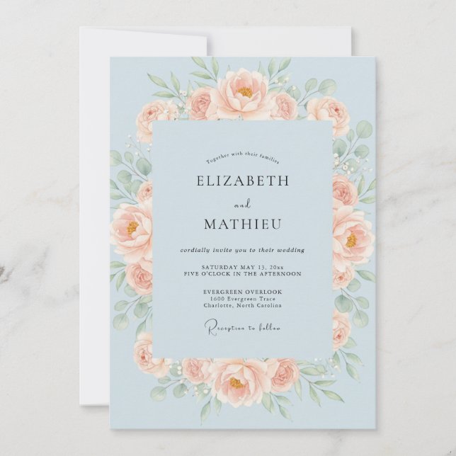 Invitation Mariage Abricot Acier Ranunculus Eucalyptus (Devant)