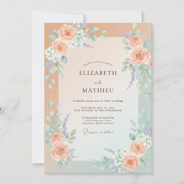Invitation Mariage Abricot Aqua Feuillage Eucalyptus (Devant)