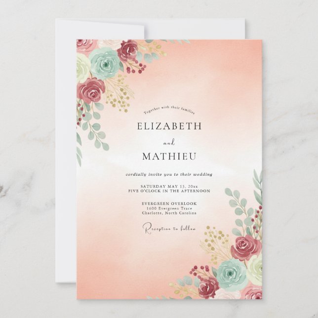 Invitation Mariage Abricot Aqua Ranunculus Eucalyptus (Devant)