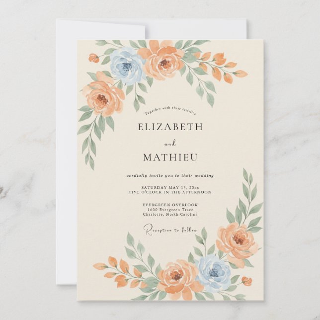 Invitation Mariage Abricot Ardoise Ranunculus Eucalyptus (Devant)