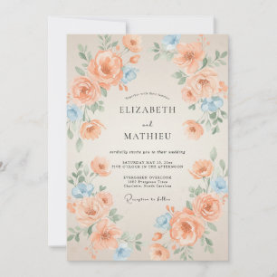 Invitation Mariage Abricot Azur Ranunculus Eucalyptus Ému