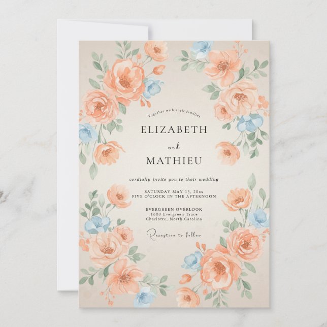 Invitation Mariage Abricot Azur Ranunculus Eucalyptus Ému (Devant)