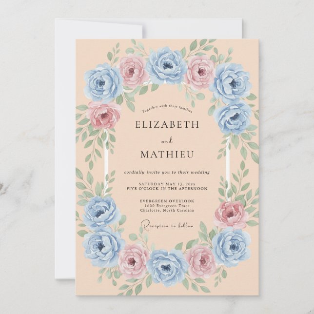 Invitation Mariage Abricot Azur Ranunculus Eucalyptus Poussié (Devant)