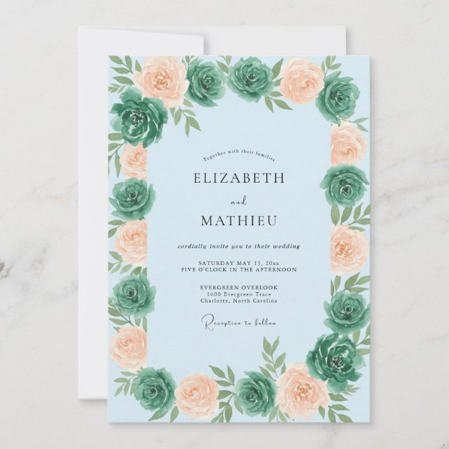 Invitation Mariage Abricot Azur Succulent Eucalyptus (Devant)