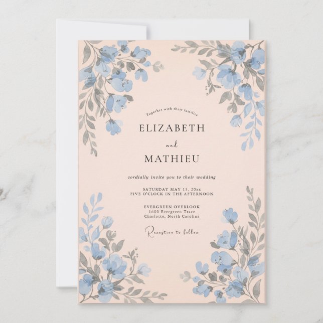 Invitation Mariage Abricot Bleuet Eucalyptus (Devant)