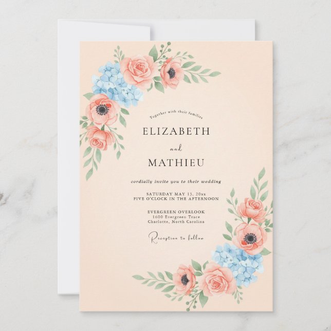 Invitation Mariage Abricot Bleuet Ranunculus Eucalyptus (Devant)