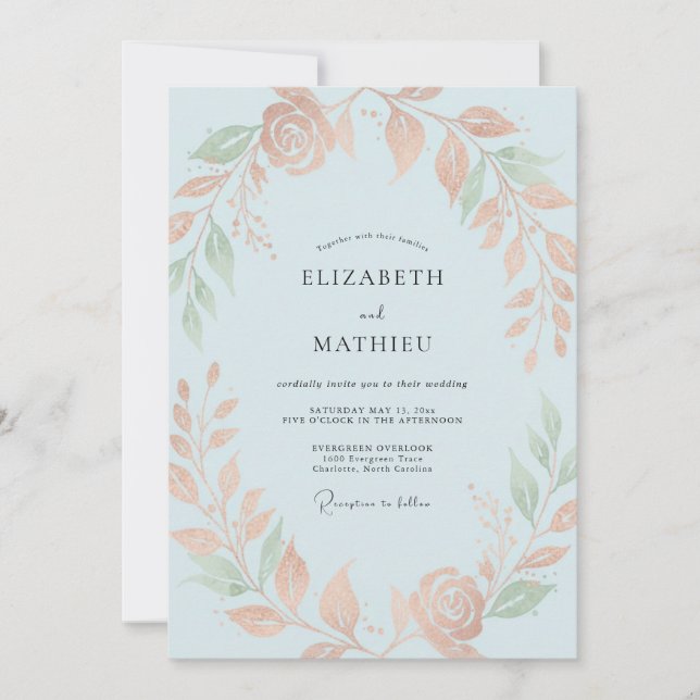 Invitation Mariage Abricot Céleste Feuillage Eucalyptus (Devant)