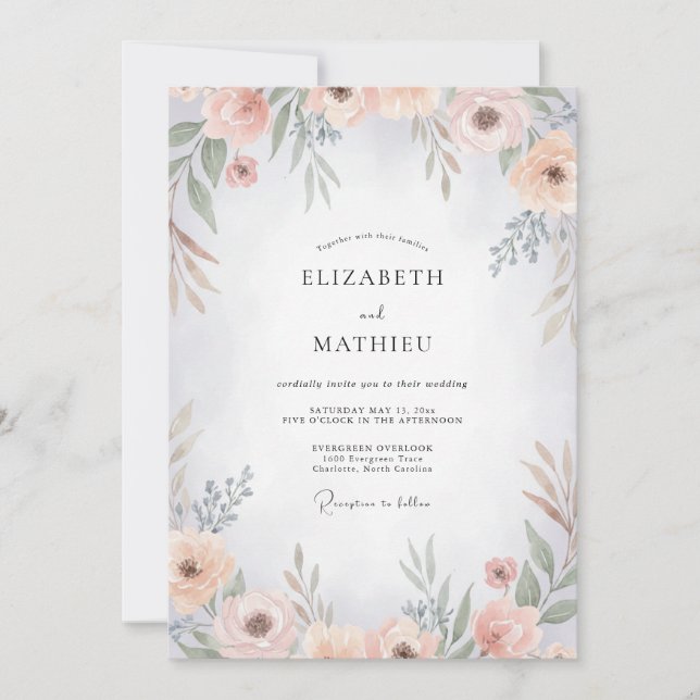 Invitation Mariage Abricot Ciel Ranunculus Eucalyptus (Devant)