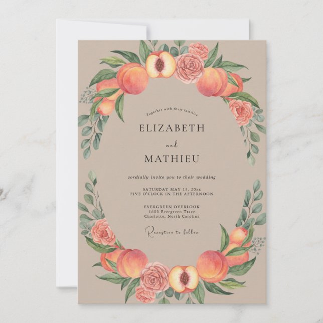 Invitation Mariage Abricot Corail Fruit Eucalyptus (Devant)