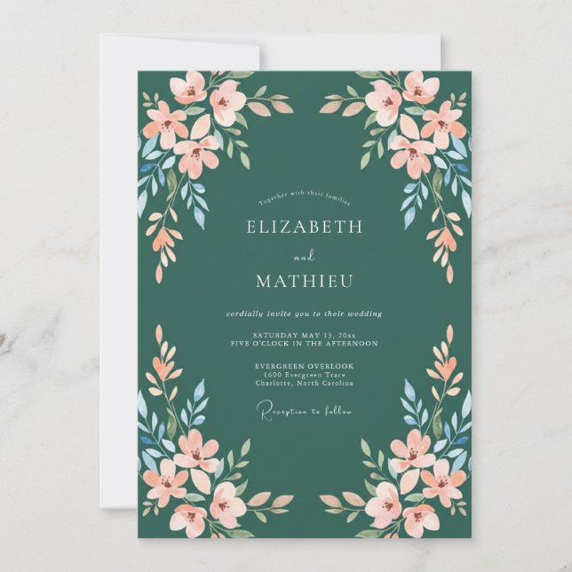 Invitation Mariage Abricot Cyan Foncé Feuillu (Devant)