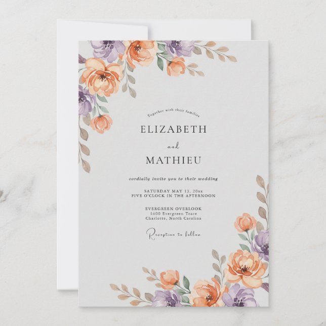 Invitation Mariage Abricot Lilas Feuillage Eucalyptus (Devant)