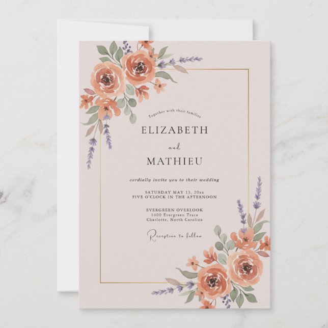 Invitation Mariage Abricot Mauve Ranunculus Eucalyptus (Devant)