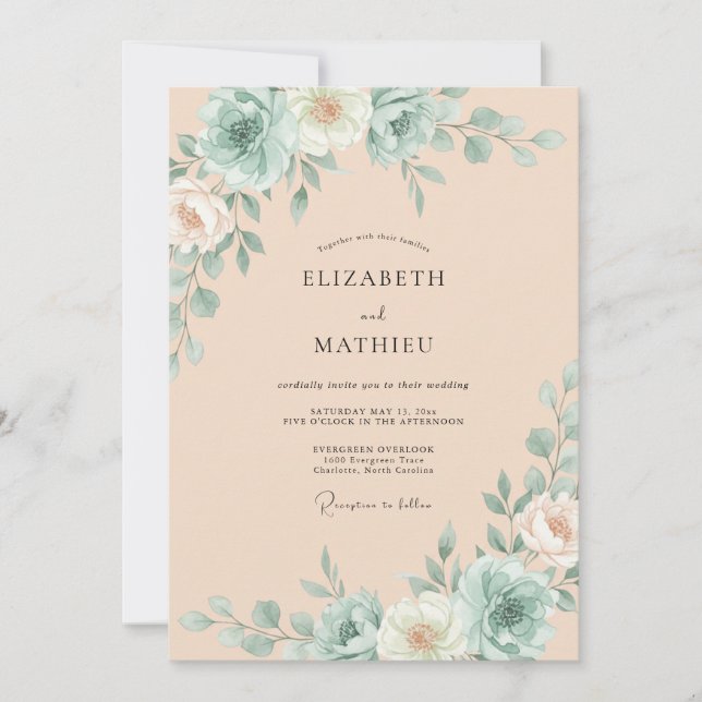 Invitation Mariage Abricot Mousse de Mer Succulente Eucalyptu (Devant)