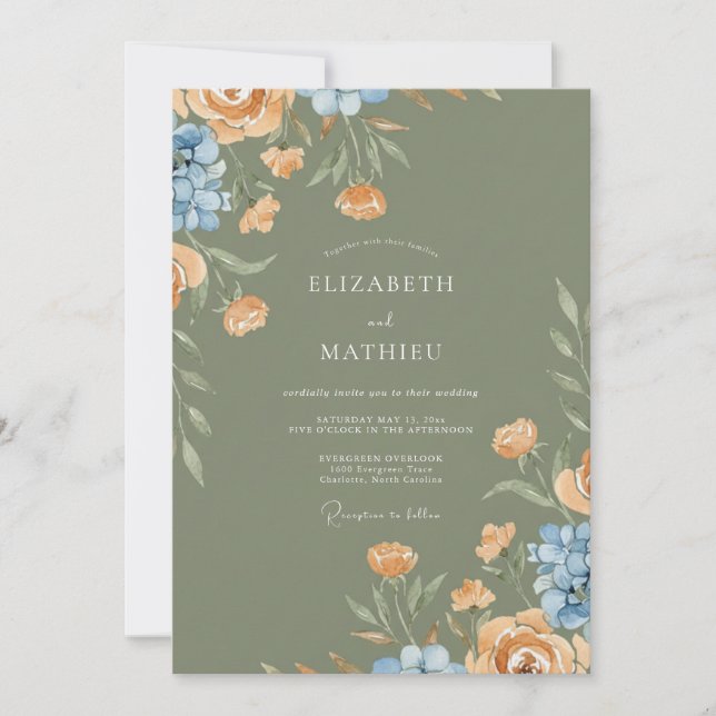 Invitation Mariage Abricot Olive Ranunculus Eucalyptus (Devant)
