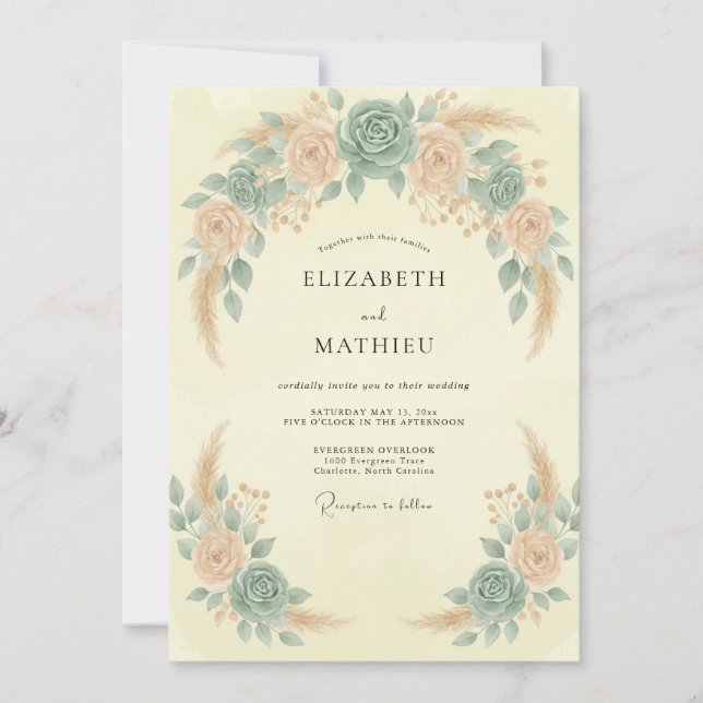 Invitation Mariage Abricot Pampas Eucalyptus Mousse de Mer (Devant)