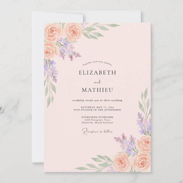 Invitation Mariage Abricot Paonée Violette (Devant)