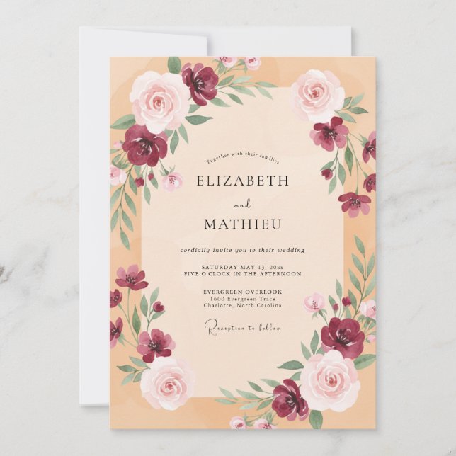 Invitation Mariage Abricot Prune Feuillage Doux Eucalyptus (Devant)
