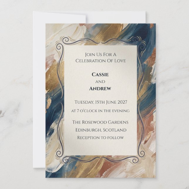 Invitation Mariage Abstrait à Défilement Or Rouille Navy (Devant)