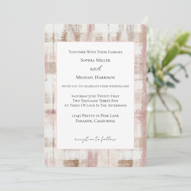 Invitation Mariage Abstrait à Rayures Brun Crème Rose (Debout devant)