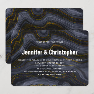 Invitation Mariage Abstrait Agate Or Moderne Noir Gris-Bleu