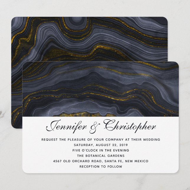 Invitation Mariage Abstrait Agate Or Moderne Noir Gris-Bleu (Devant / Derrière)