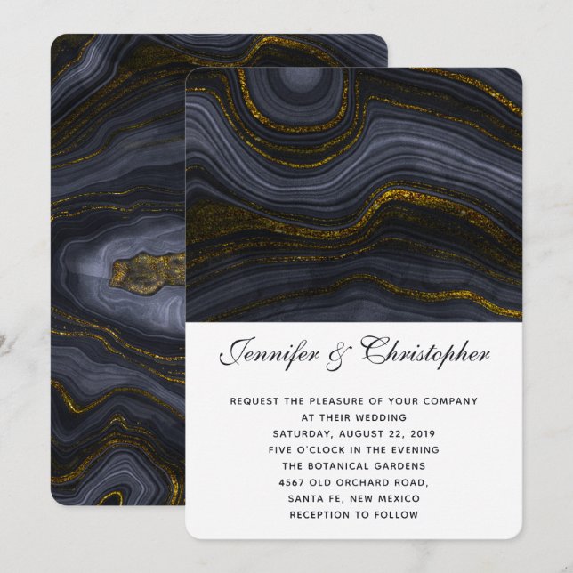 Invitation Mariage Abstrait Agate Or Moderne Noir Gris-Bleu (Devant / Derrière)