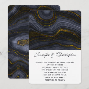 Invitation Mariage Abstrait Agate Or Moderne Noir Gris-Bleu