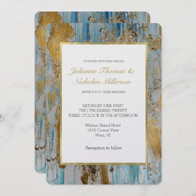 Invitation Mariage Abstrait Aqua Blue Gold (Devant / Derrière)
