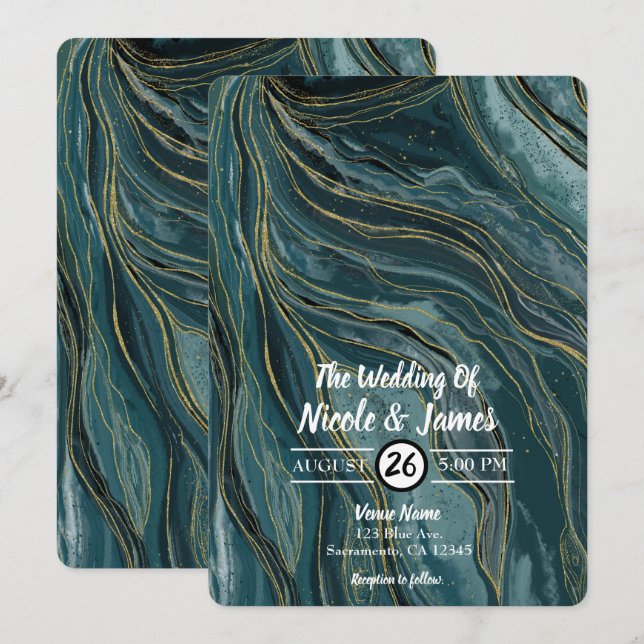 Invitation Mariage Abstrait Aquarelle Bleu Sarcelle Or (Devant / Derrière)