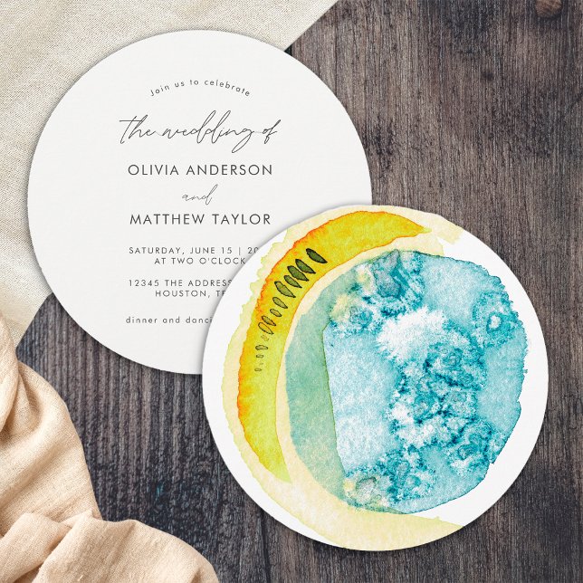 Invitation Mariage Abstrait Aquarelle Chic Bleu Jaune (Front/Back)