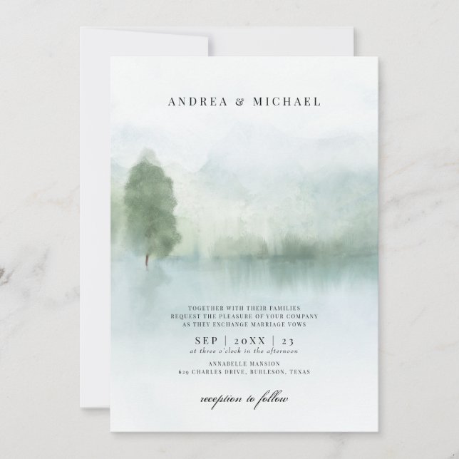 Invitation Mariage Abstrait Aquarelle Lac et Arbres (Devant)