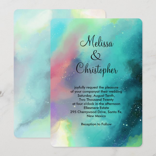 Invitation Mariage Abstrait Aquarelle Nébuleuse Verte Moderne (Devant / Derrière)