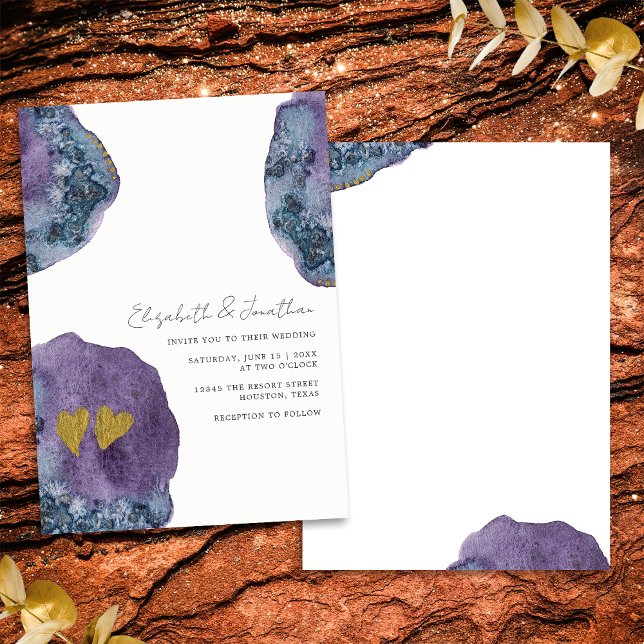 Invitation Mariage Abstrait Aquarelle Or Navy Violet (Front/Back)