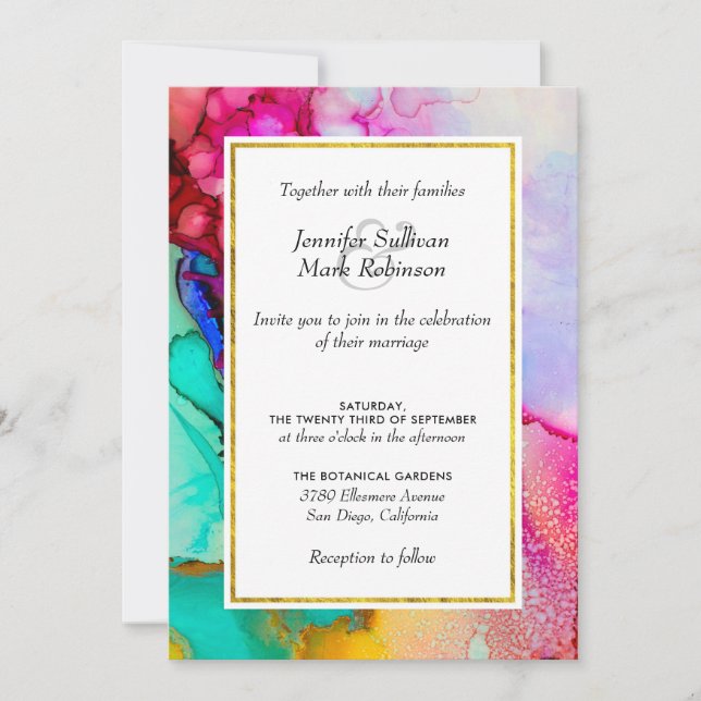Invitation Mariage Abstrait Aquarelle Rose et Turquoise (Devant)