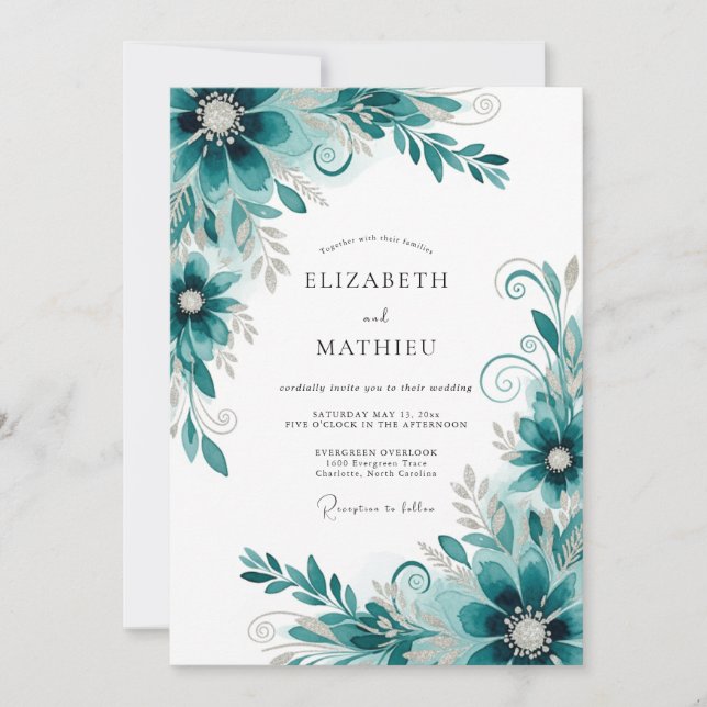Invitation Mariage Abstrait aux Fleurs de Teal (Devant)